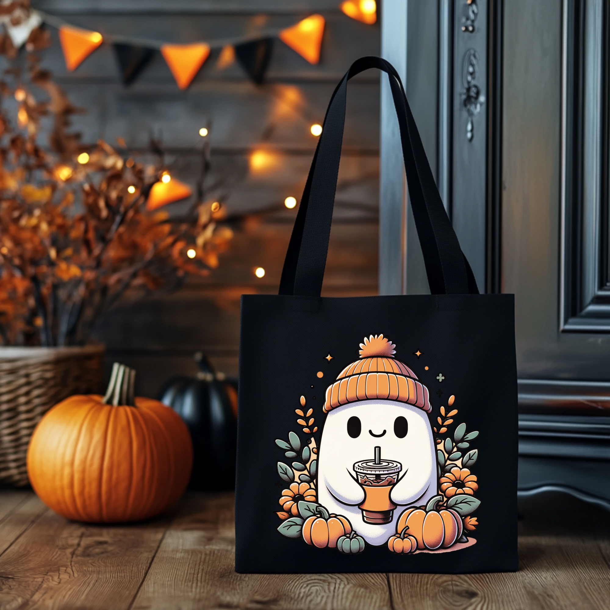 Herbst Tragetasche Ghost mit Kaffee – Halloween Tasche aus Baumwolle 38x42cm in Rosa, Beige oder Schwarz – auch als Bügelbild