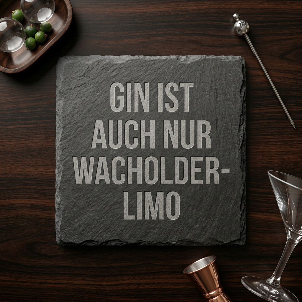 Gin ist auch nur Wacholder-Limo – Schiefer Untersetzer 10x10 cm, lustiges Geschenk für Gin Liebhaber, handgravierter Naturstein, Geschenkverpackung