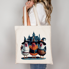 Baumwolltasche mit Halloween Hühnern – Hexenhuhn Trio – Lustige Einkaufstasche – DTG Druck – Rosa, Beige, Schwarz – Auch als Bügelbild erhältlich