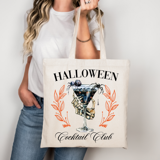 Halloween Cocktail Club Beutel – Schwarze Spinne & Skelett Hand – Baumwolltasche mit Druck – Halloween Tragetasche – auch als Bügelbild für Shirt, Kissen & Co.