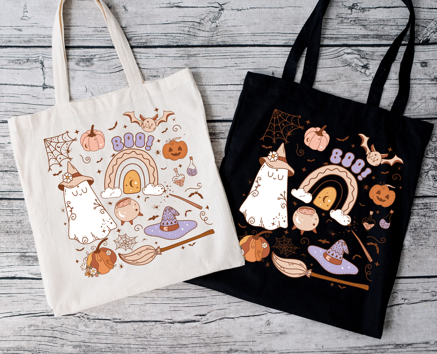 Halloween Stoffbeutel mit Geist Hexe Design – Baumwolltasche 38x42cm – Rosa, Beige, Schwarz – Halloween Tasche – Motiv auch als Bügelbild für T-Shirt, Kissen, Jacke erhältlich
