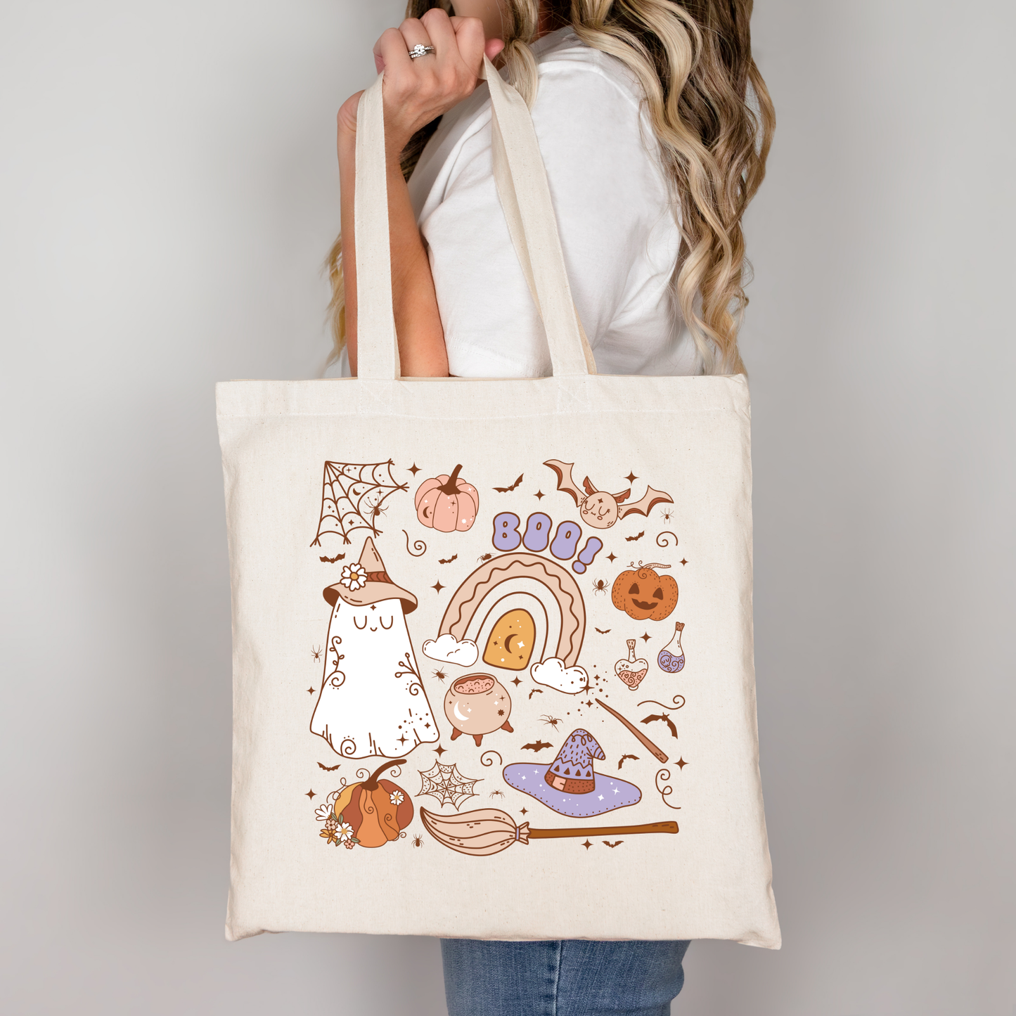 Halloween Stoffbeutel mit Geist Hexe Design – Baumwolltasche 38x42cm – Rosa, Beige, Schwarz – Halloween Tasche – Motiv auch als Bügelbild für T-Shirt, Kissen, Jacke erhältlich