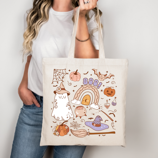 Halloween Stoffbeutel mit Geist Hexe Design – Baumwolltasche 38x42cm – Rosa, Beige, Schwarz – Halloween Tasche – Motiv auch als Bügelbild für T-Shirt, Kissen, Jacke erhältlich