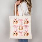 Halloween Tragetasche mit süßem Kürbis & rosa Schleifen – Baumwollbeutel 38x42cm – Rosa, Beige & Schwarz – auch als Bügelbild erhältlich