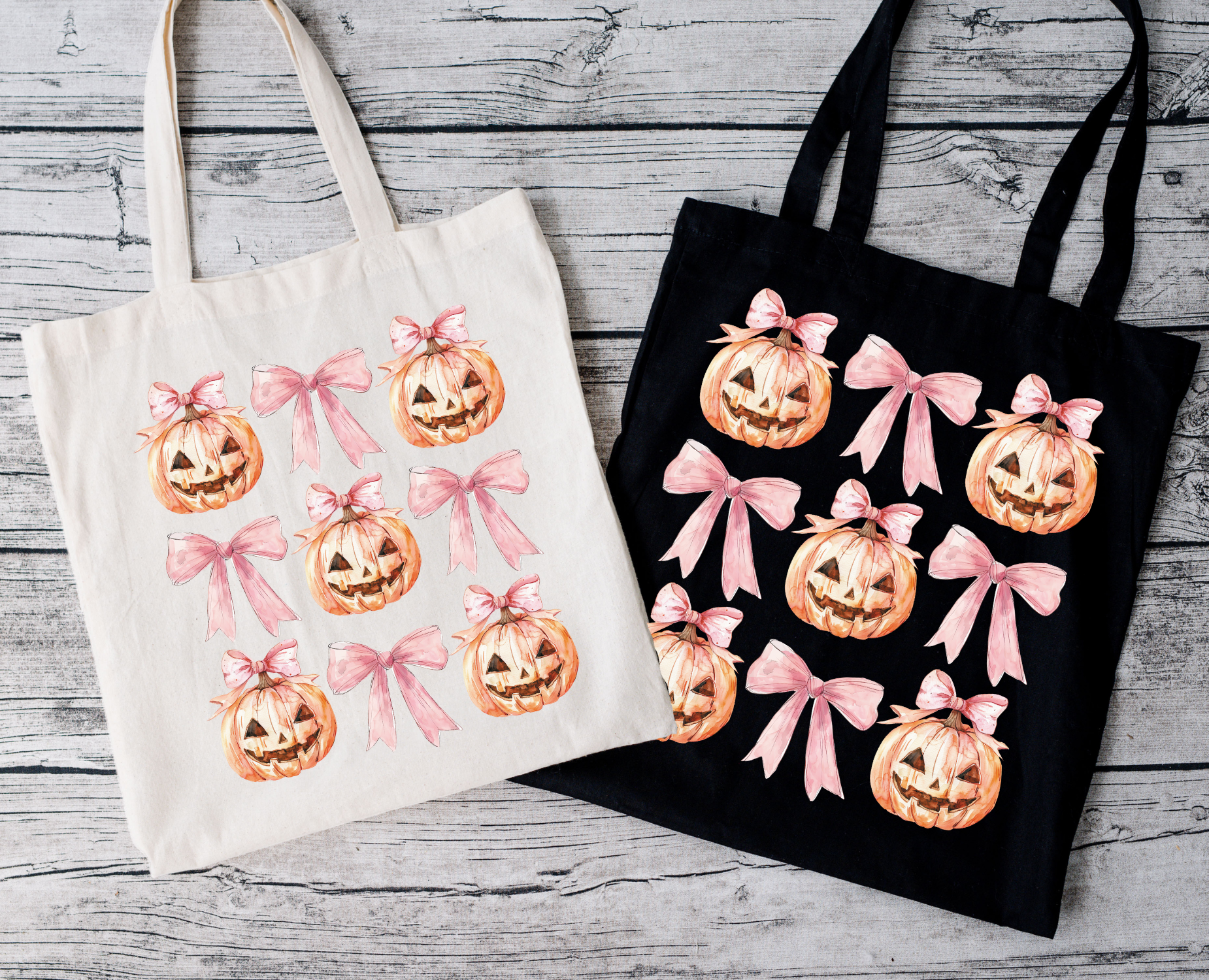 Halloween Tragetasche mit süßem Kürbis & rosa Schleifen – Baumwollbeutel 38x42cm – Rosa, Beige & Schwarz – auch als Bügelbild erhältlich
