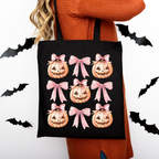 Halloween Tragetasche mit süßem Kürbis & rosa Schleifen – Baumwollbeutel 38x42cm – Rosa, Beige & Schwarz – auch als Bügelbild erhältlich