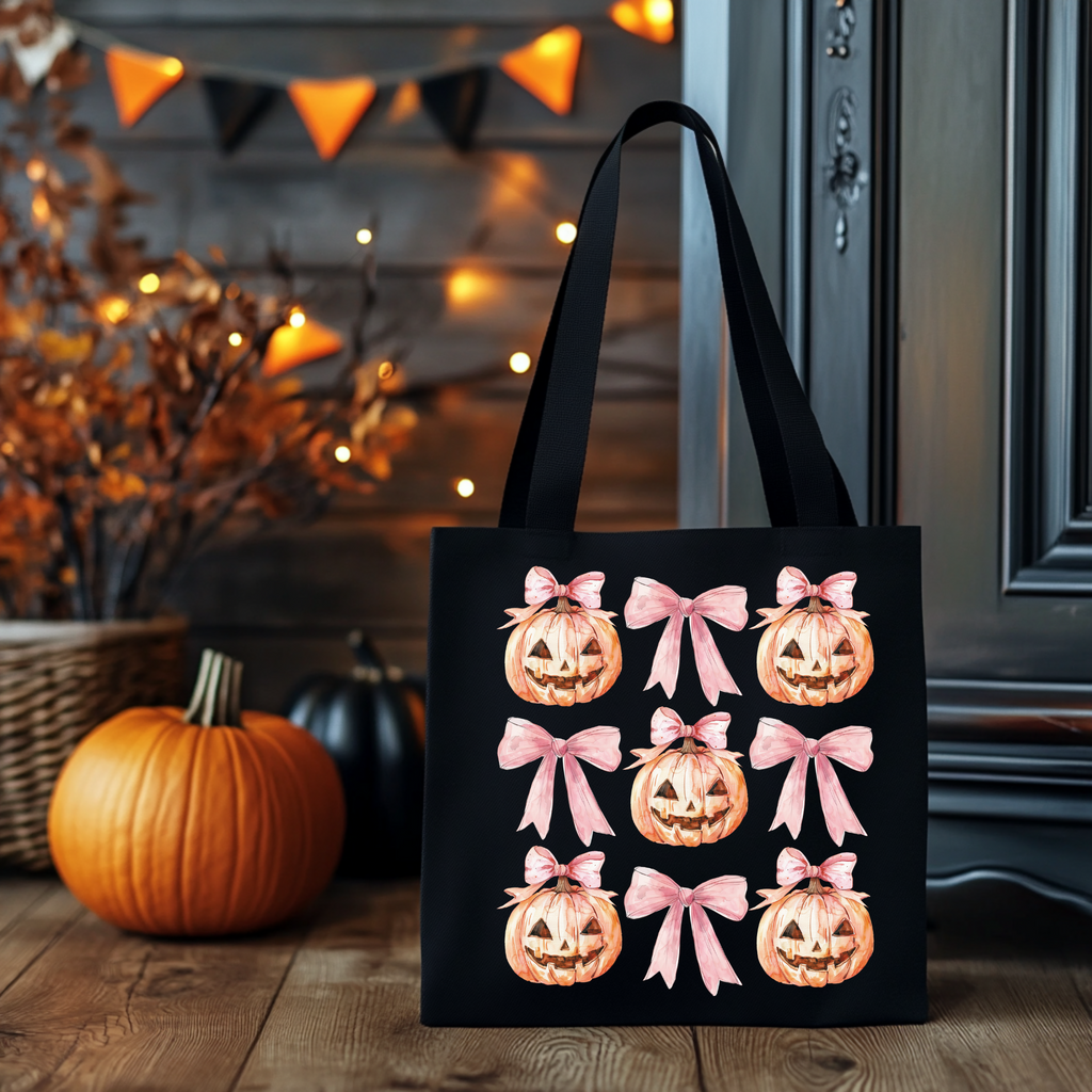 Halloween Tragetasche mit süßem Kürbis & rosa Schleifen – Baumwollbeutel 38x42cm – Rosa, Beige & Schwarz – auch als Bügelbild erhältlich