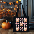 Halloween Tragetasche mit süßem Kürbis & rosa Schleifen – Baumwollbeutel 38x42cm – Rosa, Beige & Schwarz – auch als Bügelbild erhältlich