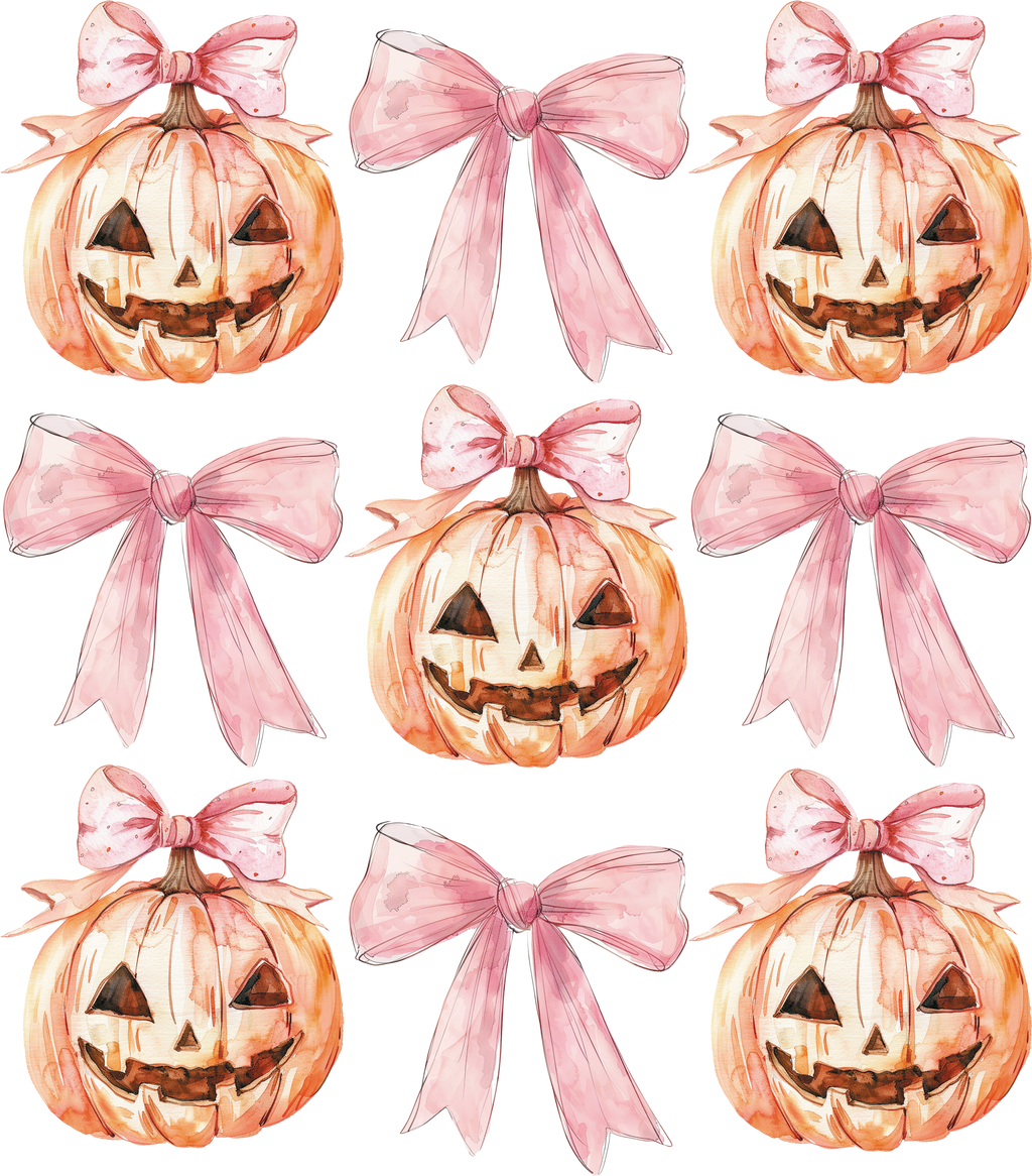 Halloween Tragetasche mit süßem Kürbis & rosa Schleifen – Baumwollbeutel 38x42cm – Rosa, Beige & Schwarz – auch als Bügelbild erhältlich