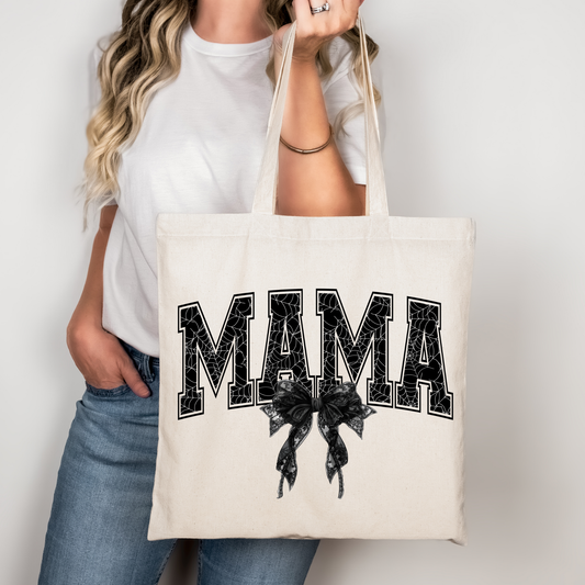 MAMA Halloween Tasche mit Schleife – Baumwollbeutel 38x42 cm – DTG Druck – Spinnennetz Design – Rosa, Beige oder Schwarz – auch als Bügelbild für Shirt, Kissen, Jacke