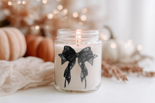 Schleifen Kerze Glas-Duftkerze Geschenkidee | elegante Deko, Herbstkerze, Halloween Kerze, vegane Sojawachs Kerze im Glas