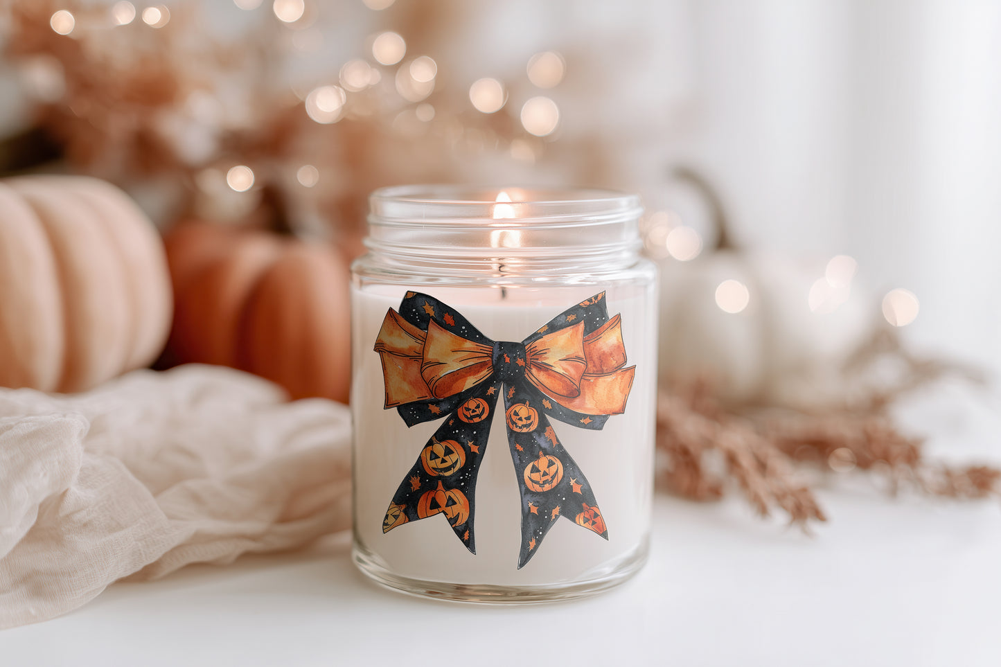Halloween Schleifen Kerze Glas-Duftkerze Geschenkidee | Kürbis Deko, Herbstkerze, vegane Sojawachs Kerze im Glas, Cozy Season Deko