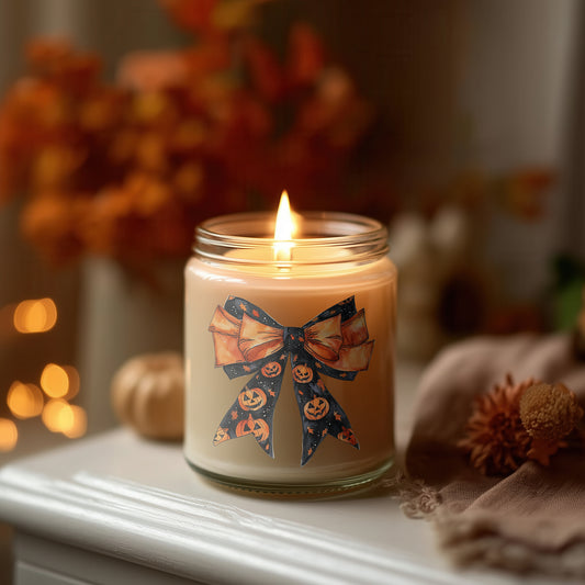 Halloween Schleifen Kerze Glas-Duftkerze Geschenkidee | Kürbis Deko, Herbstkerze, vegane Sojawachs Kerze im Glas, Cozy Season Deko