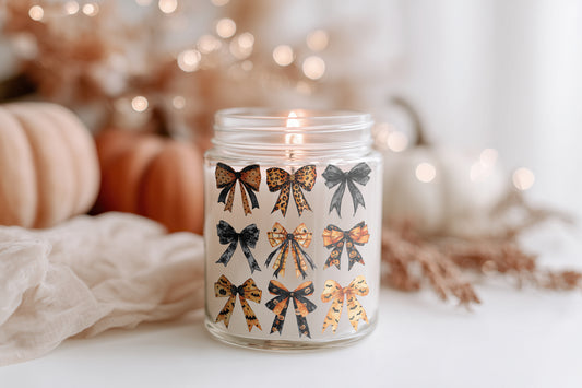 Halloween Schleifen Kerze Herbst Duftkerze Glas | Kürbisdeko, vegane Sojawachs Kerze, Geschenkidee, Cosy Season Deko & Halloween Accessoire