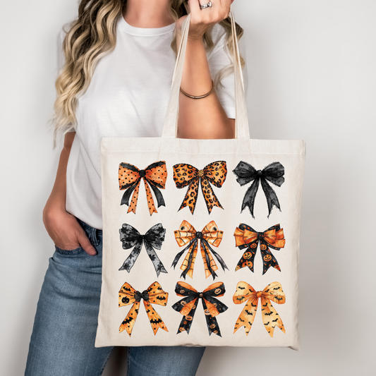 Halloween Tragetasche mit Schleifen | Baumwollbeutel mit Schleifen-Print | Halloween-Tasche in Beige, Rosa oder Schwarz | Bügelbild optional
