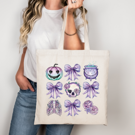 Halloween Tragetasche mit lila Kürbis & Schleifen – Baumwollbeutel in Rosa, Beige oder Schwarz – Geschenkidee – auch als Bügelbild für T-Shirt, Kissen & Co