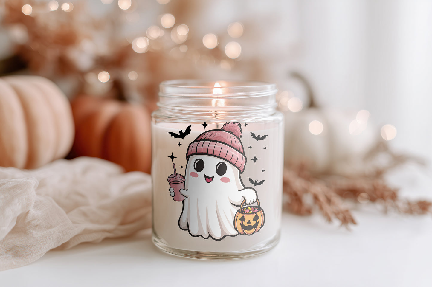 Halloween Kerze Happy Ghost | süße Duftkerze im Glas, vegane Sojawachs Herbstkerze, cosy spooky Season Geschenk & Deko