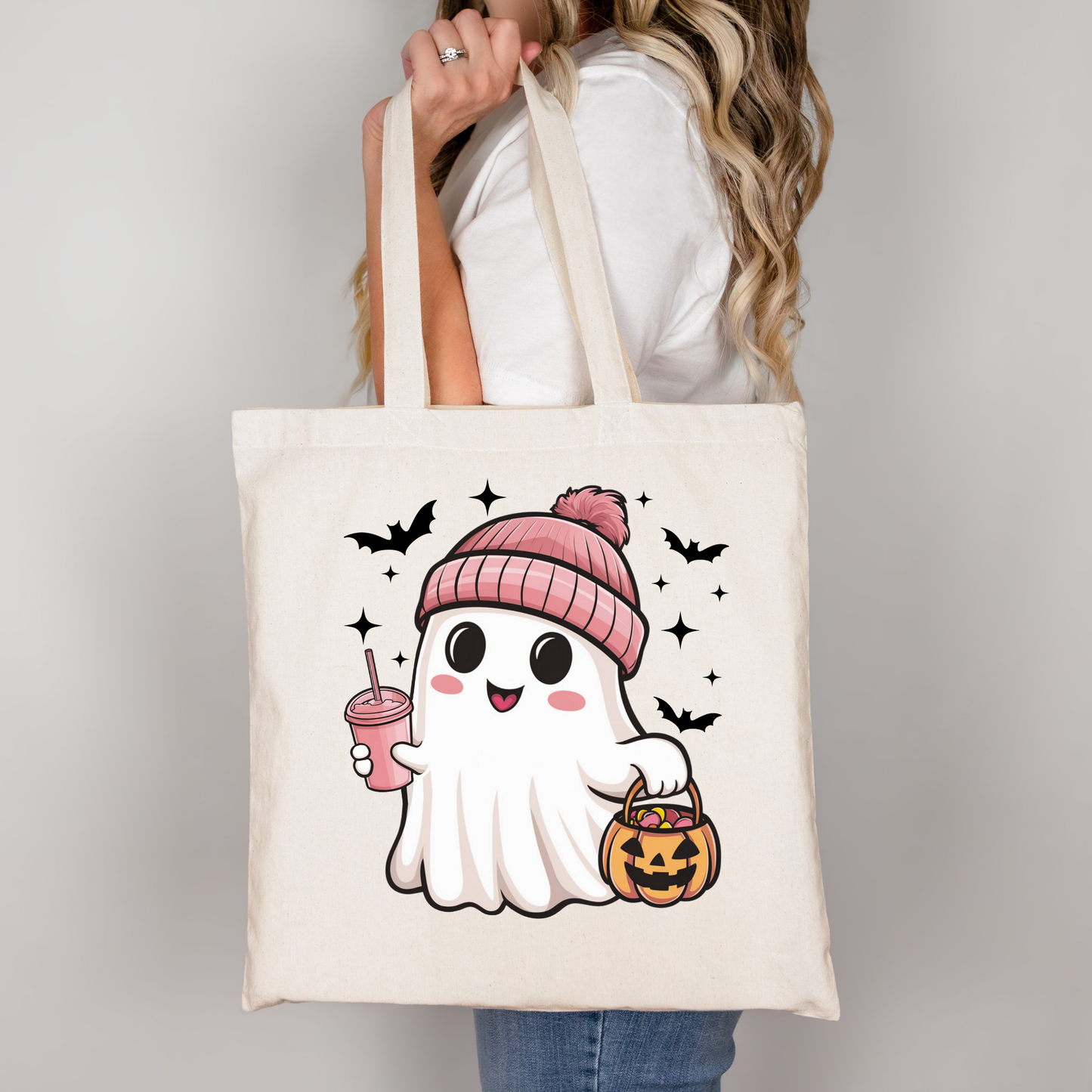 Happy Ghost | Tragetasche mit Spruch – Baumwollbeutel mit Attitude