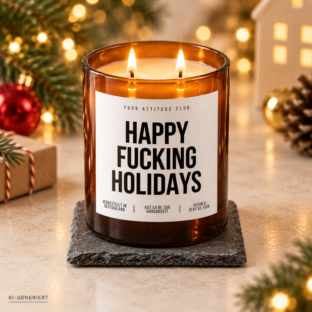 HAPPY FUCKING HOLIDAYS – Weihnachtskerze Naturgras Etikett | Lustiges Weihnachtsgeschenk | Geschenk für Freunde, Kolleg:innen & Wichteln