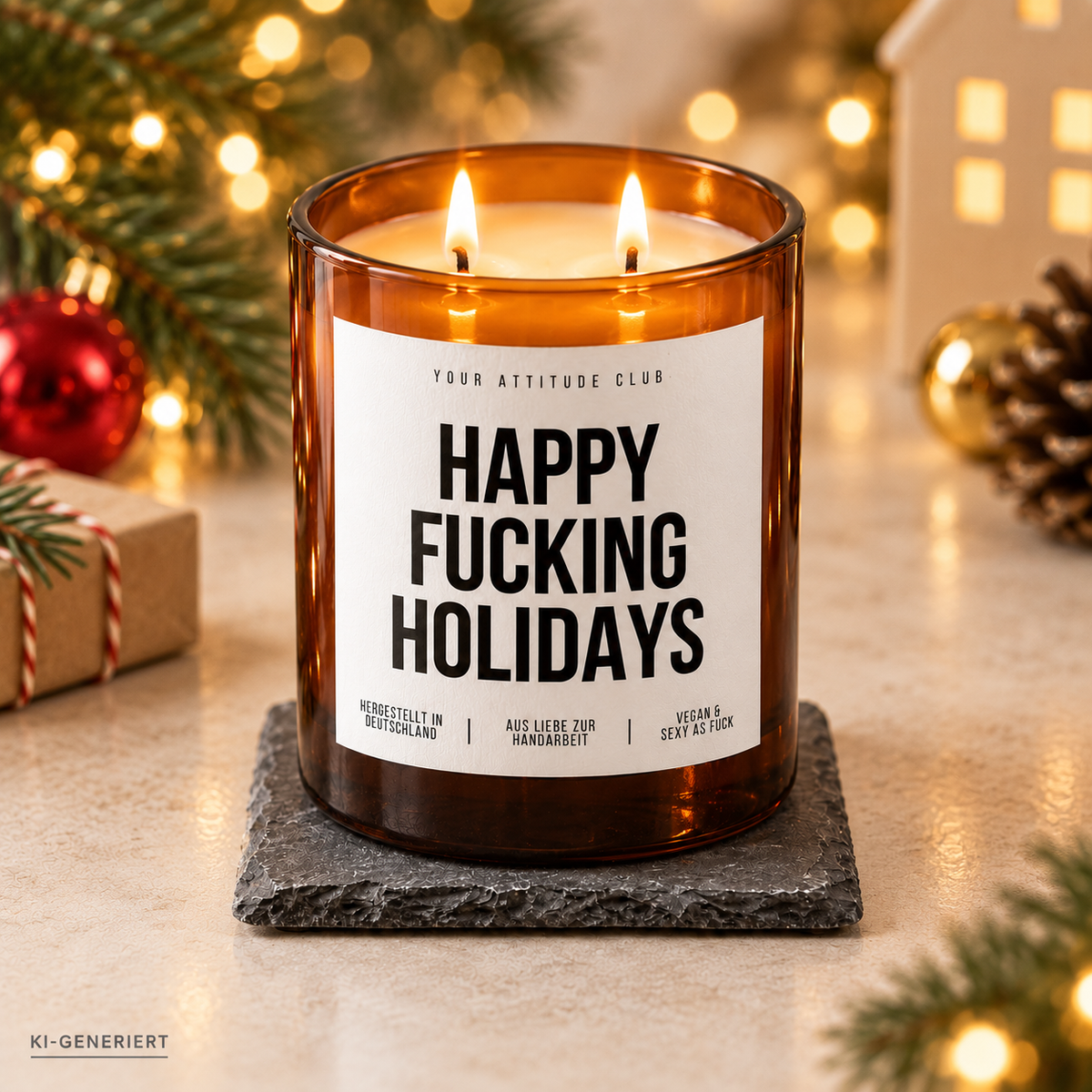 HAPPY FUCKING HOLIDAYS – Weihnachtskerze Naturgras Etikett | Lustiges Weihnachtsgeschenk | Geschenk für Freunde, Kolleg:innen & Wichteln