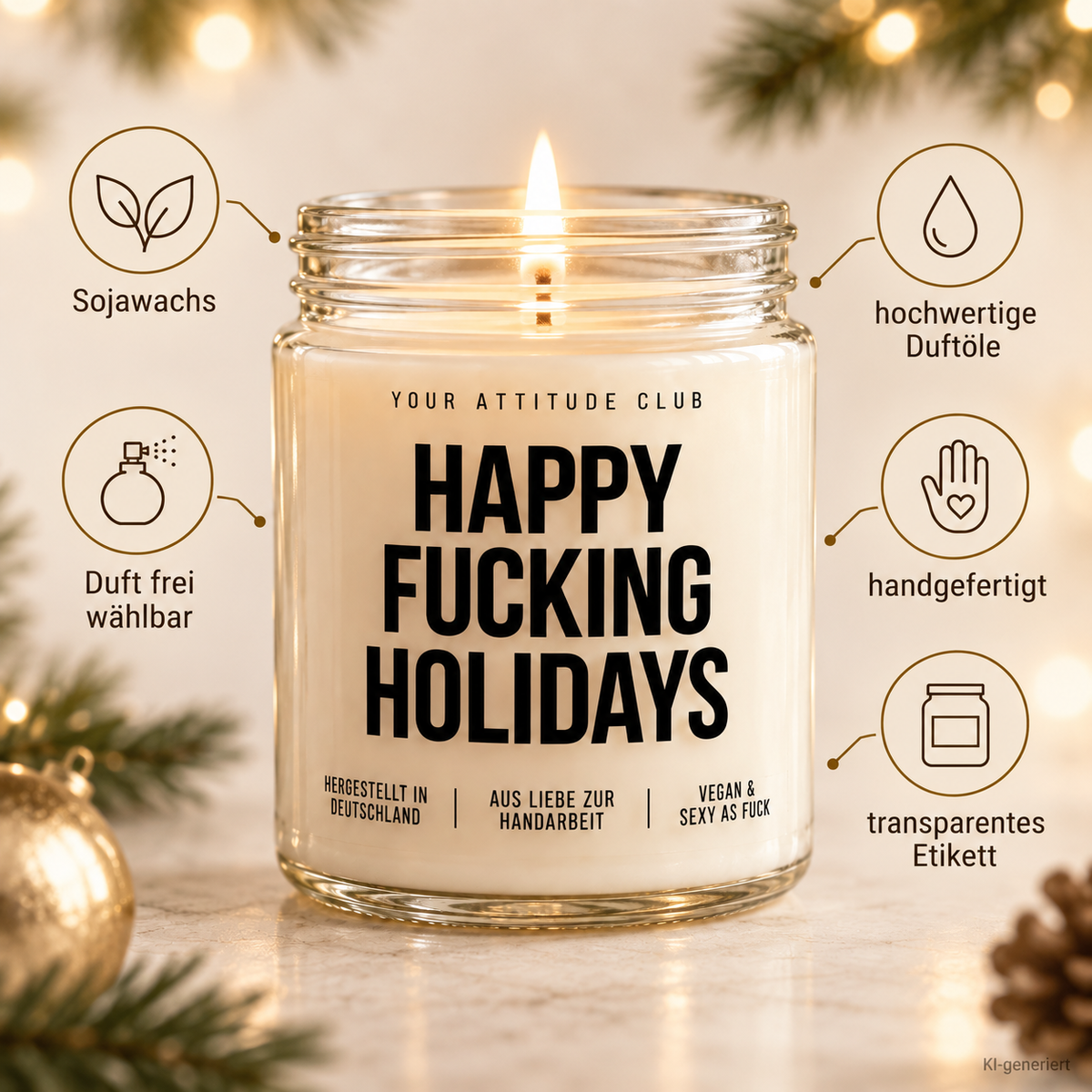 HAPPY FUCKING HOLIDAYS | Weihnachtskerze Duftkerze Weihnachten Weihnachtsgeschenk Geschenkidee Wichtelgeschenk für Freundin Partner Kollegin