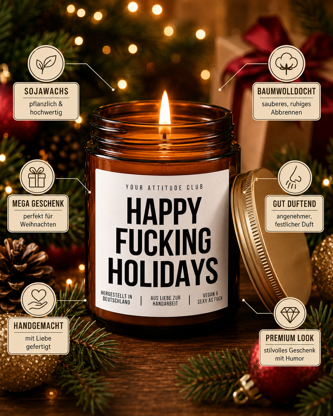 HAPPY FUCKING HOLIDAYS Weihnachtskerze mit Spruch | freche Duftkerze | lustiges Weihnachtsgeschenk | Wichtelgeschenk Erwachsene | Sojawachs Kerze handgemacht
