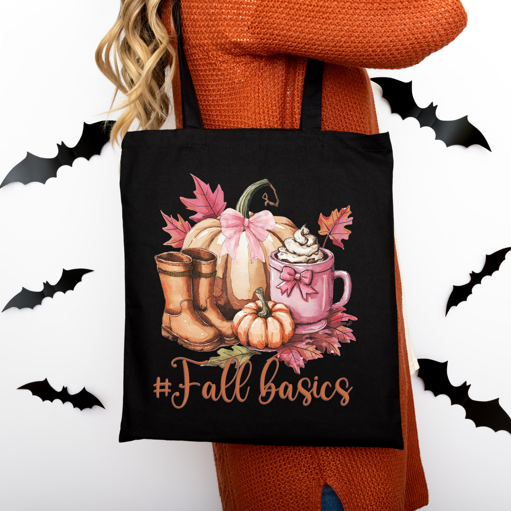 Herbst Baumwolltasche #FallBasics – Kürbis, Boots & Mug Print | Autumn Shopper schwarz/rosa/beige | auch als Bügelbild für Shirts & Kissen