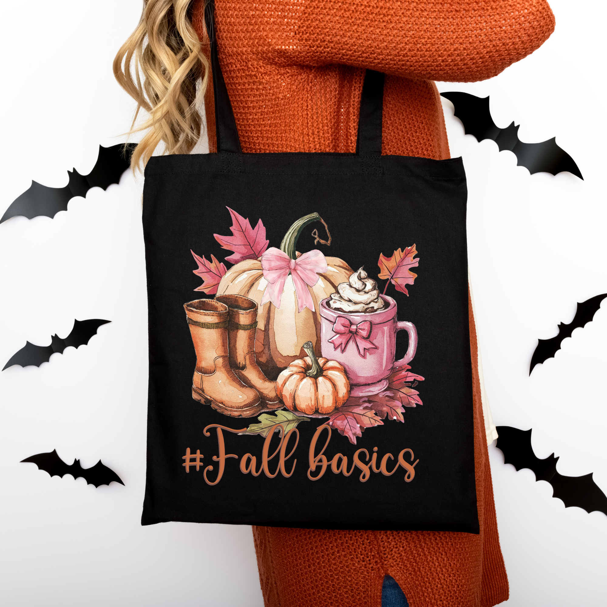 Herbst Baumwolltasche #FallBasics – Kürbis, Boots & Mug Print | Autumn Shopper schwarz/rosa/beige | auch als Bügelbild für Shirts & Kissen