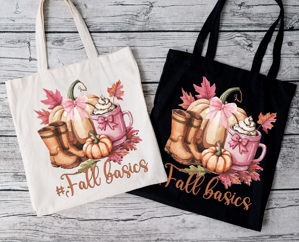 Herbst Baumwolltasche #FallBasics – Kürbis, Boots & Mug Print | Autumn Shopper schwarz/rosa/beige | auch als Bügelbild für Shirts & Kissen
