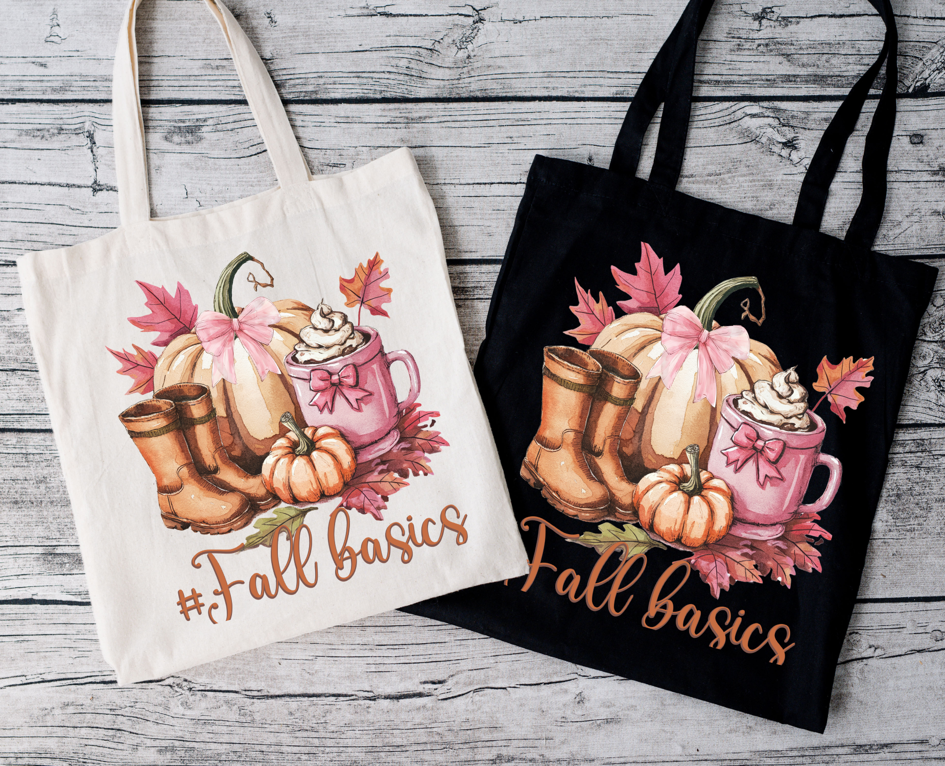 Herbst Baumwolltasche #FallBasics – Kürbis, Boots & Mug Print | Autumn Shopper schwarz/rosa/beige | auch als Bügelbild für Shirts & Kissen