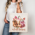 Herbst Baumwolltasche #FallBasics – Kürbis, Boots & Mug Print | Autumn Shopper schwarz/rosa/beige | auch als Bügelbild für Shirts & Kissen