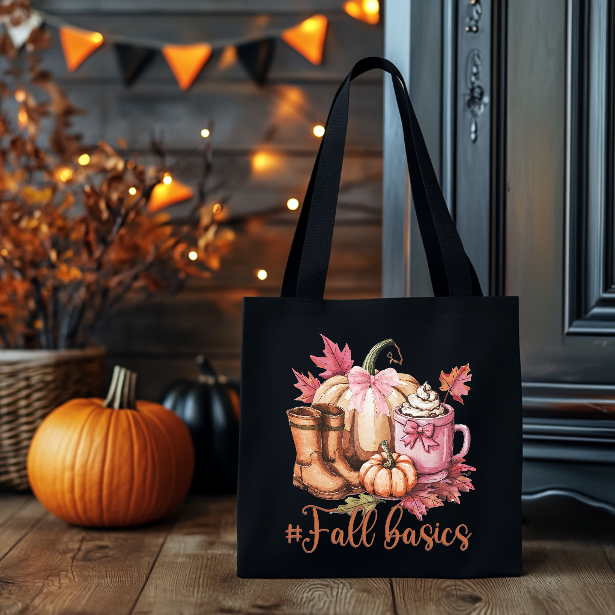 Herbst Baumwolltasche #FallBasics – Kürbis, Boots & Mug Print | Autumn Shopper schwarz/rosa/beige | auch als Bügelbild für Shirts & Kissen