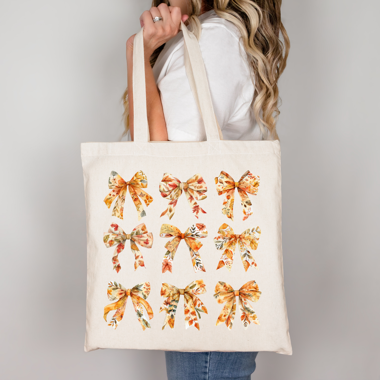 Herbst Tragetasche mit Schleifen Motiv – Baumwollbeutel in Beige, Schwarz & Rosa – Herbst Deko Tasche + Bügelbild – Geschenk für Herbstliebhaber – DTG Druck