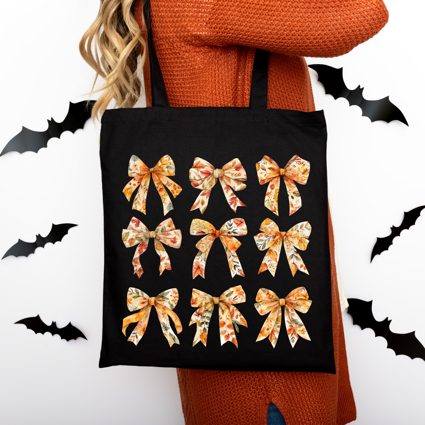 Herbst Tragetasche mit Schleifen Motiv – Baumwollbeutel in Beige, Schwarz & Rosa – Herbst Deko Tasche + Bügelbild – Geschenk für Herbstliebhaber – DTG Druck