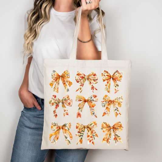 Herbst Tragetasche mit Schleifen Motiv – Baumwollbeutel in Beige, Schwarz & Rosa – Herbst Deko Tasche + Bügelbild – Geschenk für Herbstliebhaber – DTG Druck