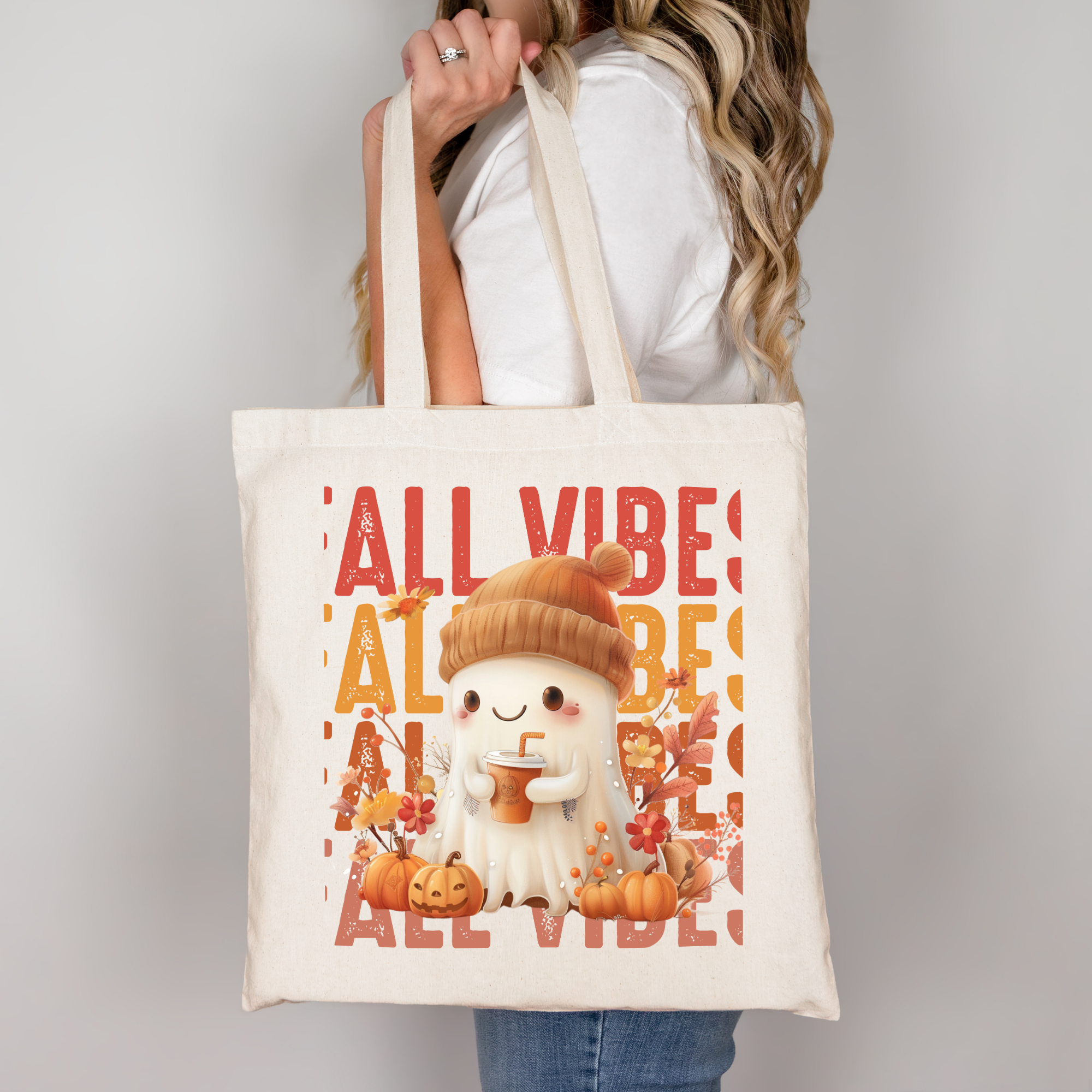 Fall Vibes Tragetasche mit süßem Geist | Herbst Baumwollbeutel Halloween Motiv | Stoffbeutel Beige Rosa Schwarz | Optional als Bügelbild