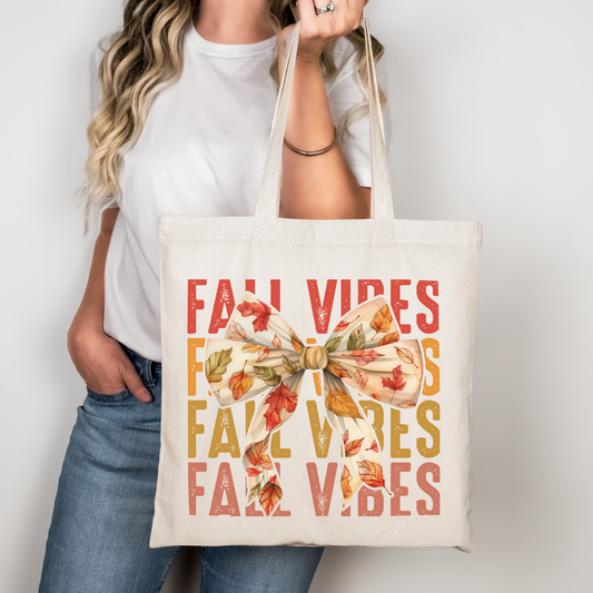 Herbst Tasche Fall Vibes mit Schleife – Baumwollbeutel bedruckt – Geschenkidee – Handmade – Rosa, Beige, Schwarz – auch als Bügelbild