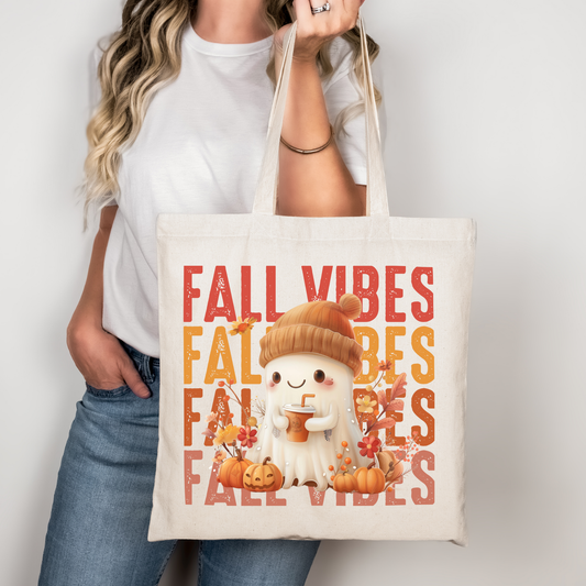 Fall Vibes Tragetasche mit süßem Geist | Herbst Baumwollbeutel Halloween Motiv | Stoffbeutel Beige Rosa Schwarz | Optional als Bügelbild