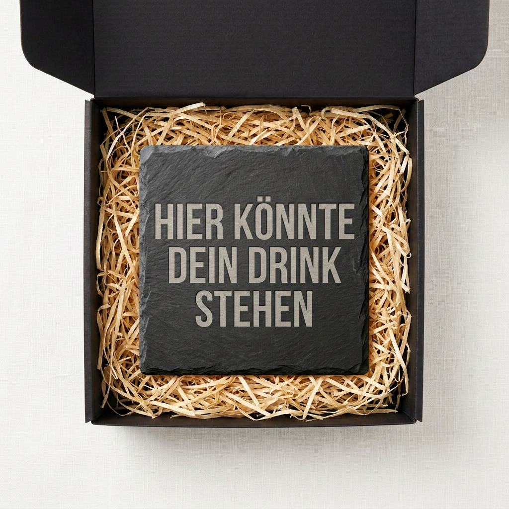 Hier könnte dein Drink stehen – Schiefer Untersetzer 10x10 cm, lustiges Geschenk für Arbeitskollegen, Büro Geschenk, handgravierter Naturstein