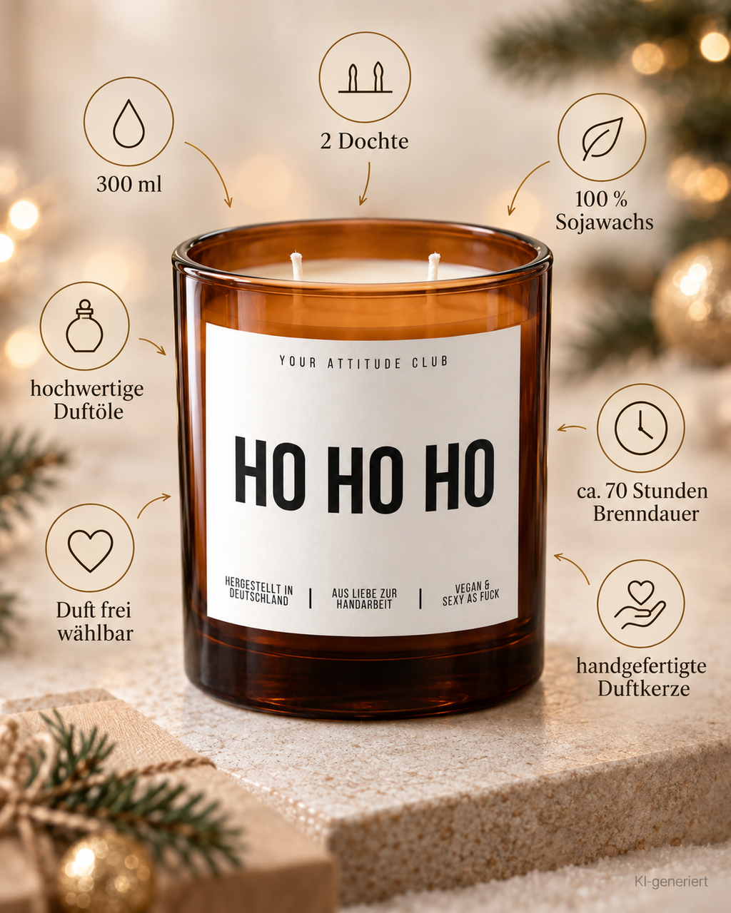 HO HO HO – Weihnachtskerze | Weihnachtsgeschenk | Geschenk für Familie, Freunde & Kolleg:innen | Wichtelgeschenk | Geschenkidee Weihnachten