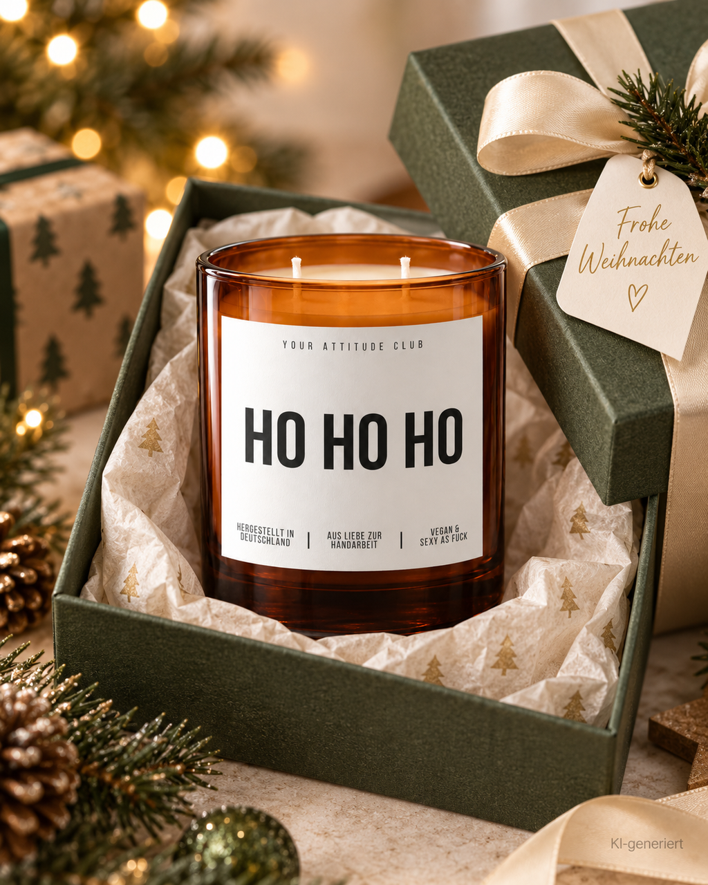 HO HO HO – Weihnachtskerze Naturgras Etikett | Weihnachtsgeschenk | Geschenk für Familie, Freunde & Kolleg:innen | Geschenkidee Weihnachten