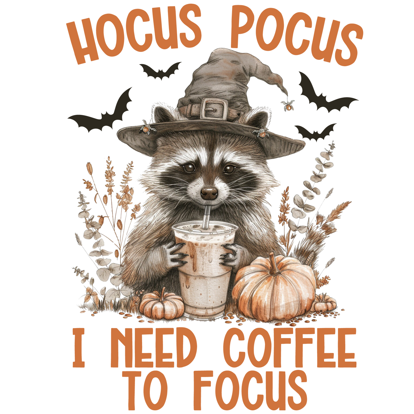 Halloween Baumwolltasche „Hocus Pocus I Need Coffee To Focus“ – lustiger Waschbär mit Kaffee – Geschenk für Herbstliebhaber – Beutel in Schwarz, Beige, Rosa – auch als Bügelbild erhältlich