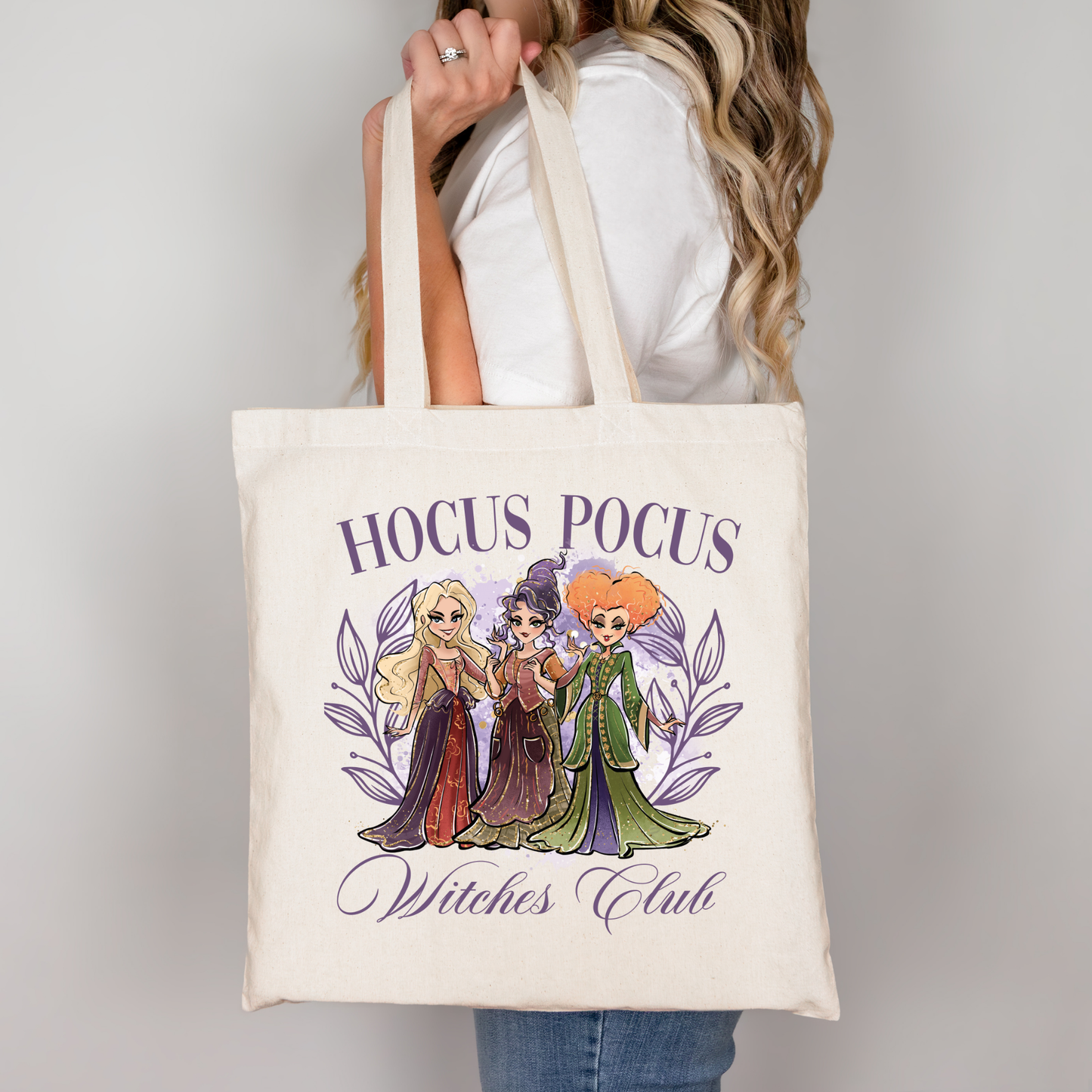Hocus Pocus Witches Club Tragetasche Halloween Baumwollbeutel 38x42 cm – schwarz, beige, rosa – auch als Bügelbild für Shirt, Tasche, Kissen – Hexen Motiv DTG-Druck