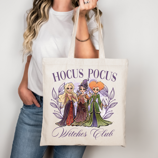 Hocus Pocus Witches Club Tragetasche Halloween Baumwollbeutel 38x42 cm – schwarz, beige, rosa – auch als Bügelbild für Shirt, Tasche, Kissen – Hexen Motiv DTG-Druck