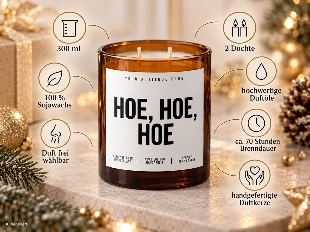 HOE, HOE, HOE – Weihnachtskerze | lustiges Weihnachtsgeschenk | Geschenk für Freunde, Kolleg:innen & Partner | Wichtelgeschenk Weihnachten