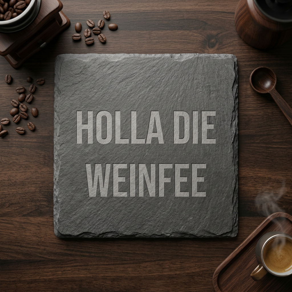 Holla die Weinfee – Schiefer Untersetzer 10x10 cm, lustiges Geschenk für Weinliebhaber, Büro Geschenk, Geschenk für Arbeitskollegen, handgravierter Naturstein