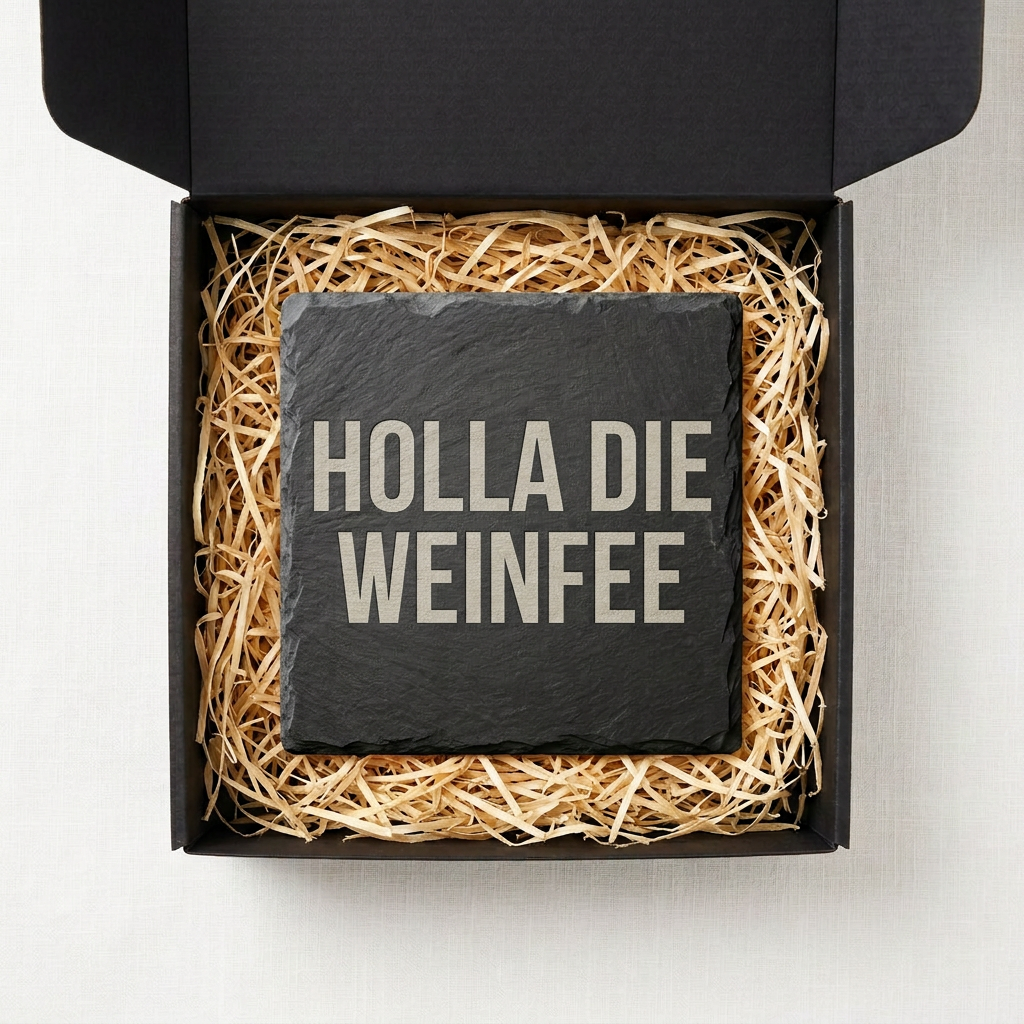 Holla die Weinfee – Schiefer Untersetzer 10x10 cm, lustiges Geschenk für Weinliebhaber, Büro Geschenk, Geschenk für Arbeitskollegen, handgravierter Naturstein