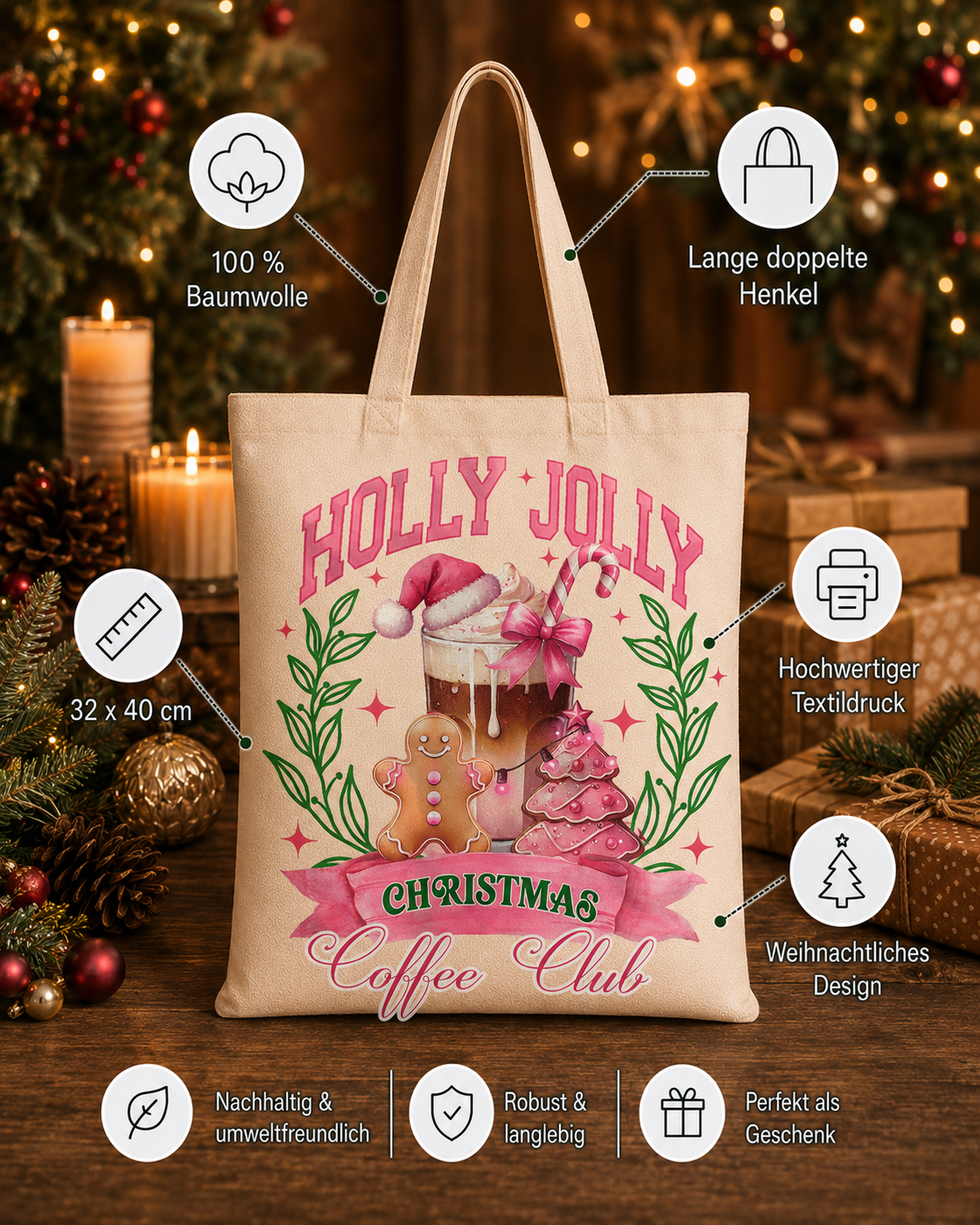 Holly Jolly Christmas Coffee Club – Weihnachtlicher Stoffbeutel mit Kaffee, Lebkuchenmann und rosa Weihnachtsbaum | Baumwolltasche | Geschenk für Kaffeeliebhaber