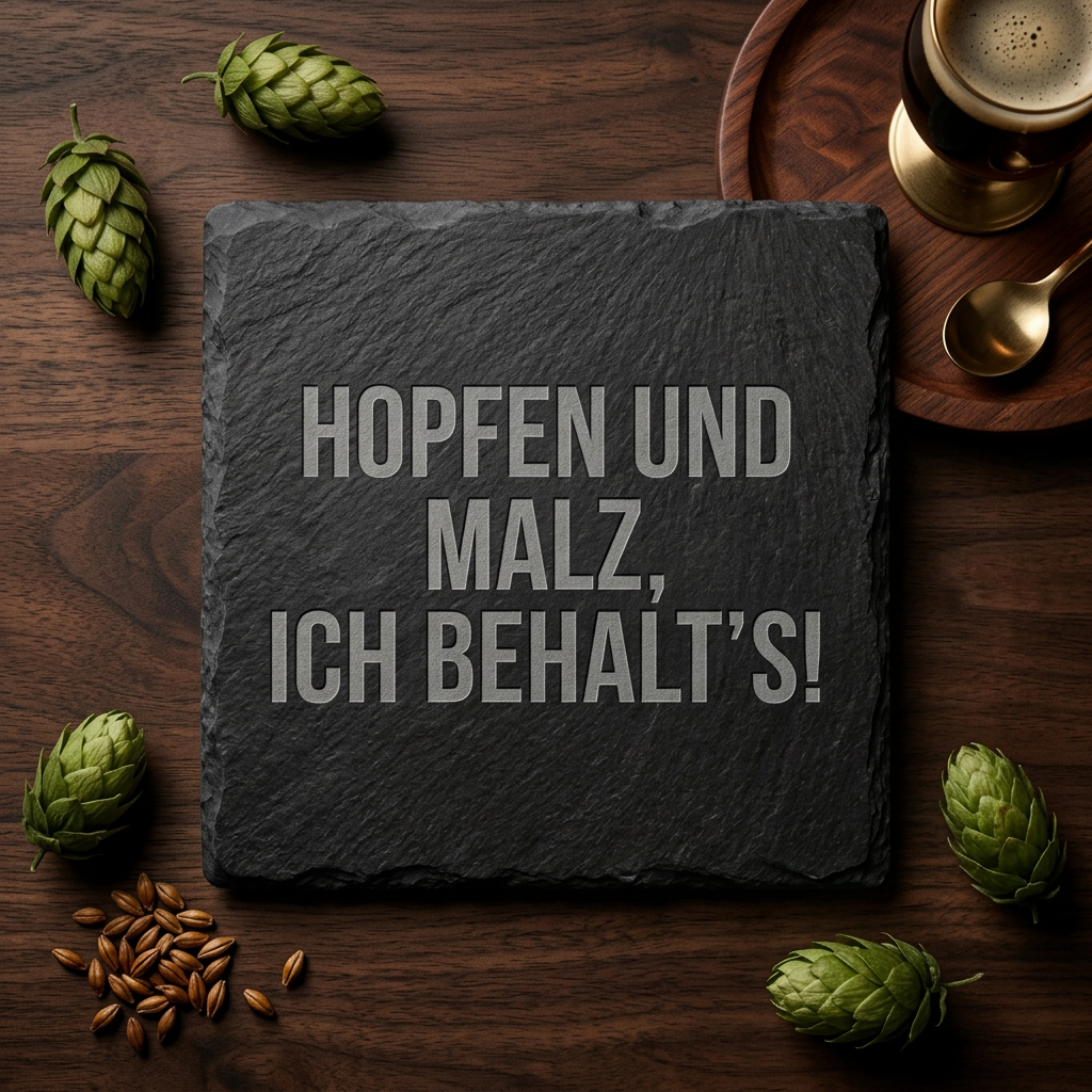 Hopfen und Malz, ich behalt’s! – Schiefer Untersetzer 10x10 cm, lustiges Geschenk für Bierliebhaber, Büro Geschenk, Geschenk für Arbeitskollegen, handgravierter Naturstein