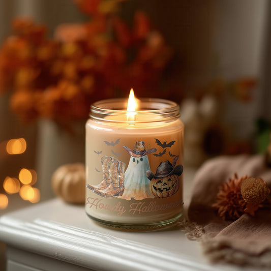 Howdy Halloween Kerze vegane Duftkerze im Glas, Herbstkerze, Halloween Deko, Cozy Home Candle, Geschenkidee Frauen, Sojawachs nachhaltig